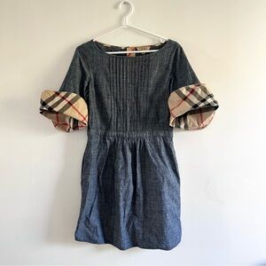 Burberry Michelle Bell Blue Denim Dress with Plaid Accent Nova